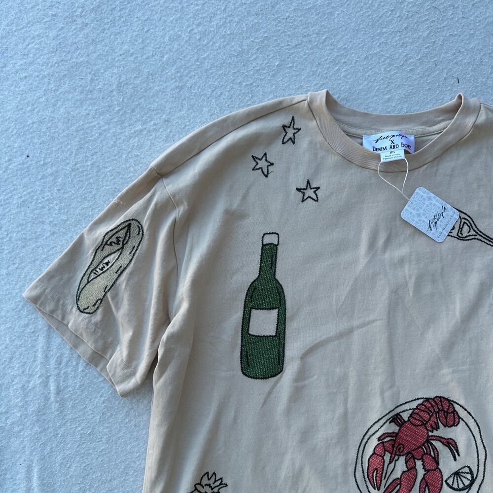 Free People X Denim And Bone Dinner Party Tee Women's XS Green Embroidered - NWT - Picture 5 of 10